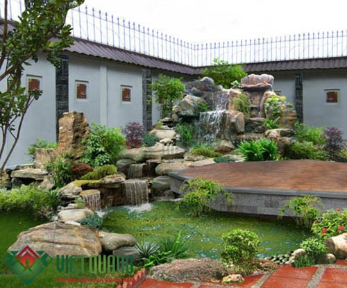 Mẫu sân vườn được thiết kế bởi các hòn nam bộ có thác nước
