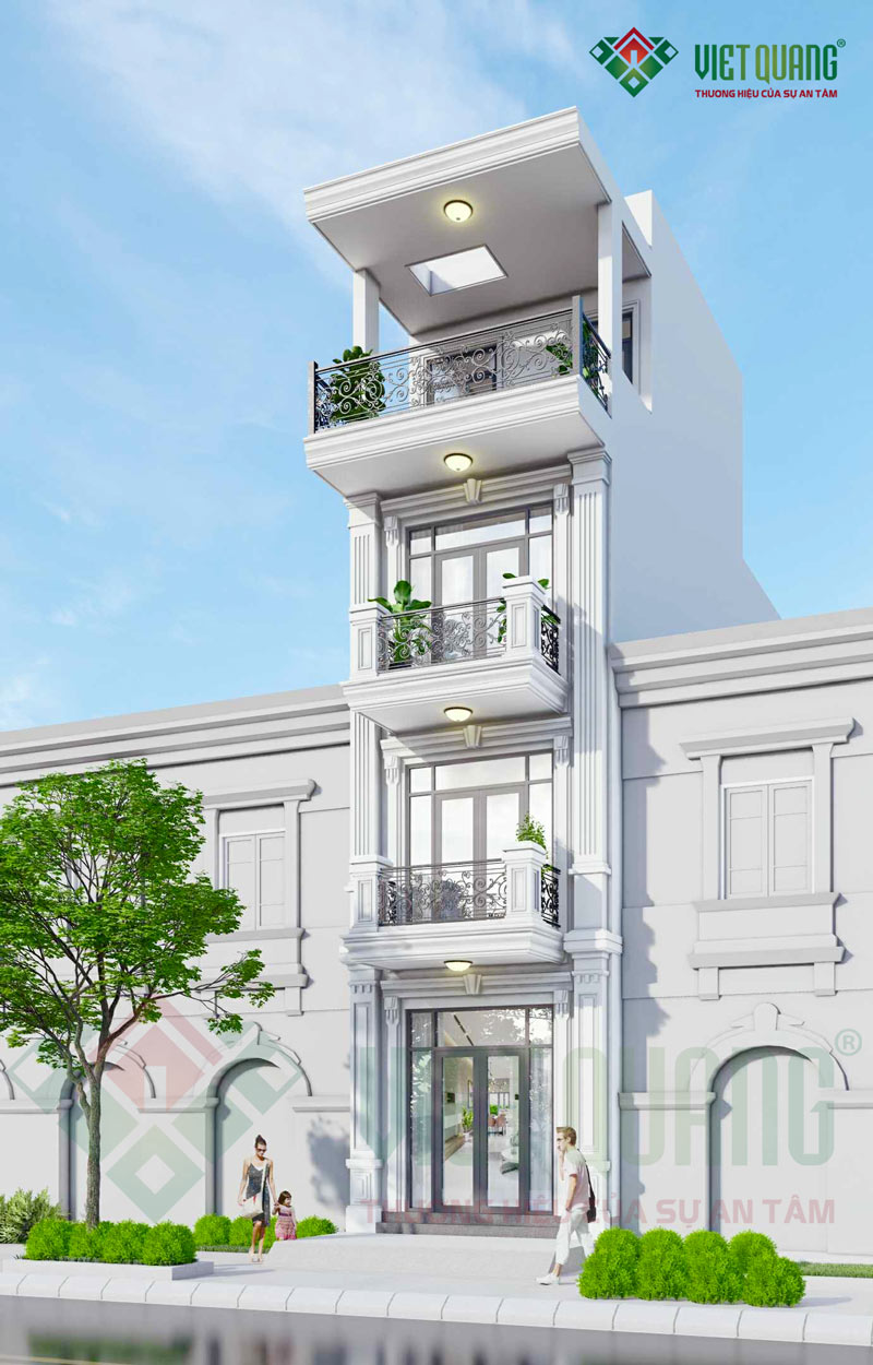 Phương án 3D mặt tiền nhà phố 1 trệt 3 lầu tân cổ điển diện tích 4x12m của anh Tùng tại quận Tân Phú