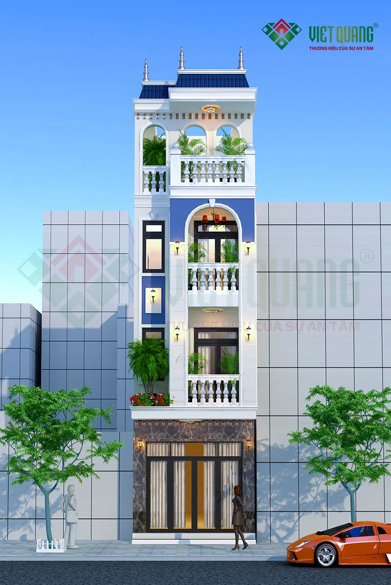 Mẫu thiết kế nhà phố tân cổ điển 4 tầng đẹp diện tích 5x20m
