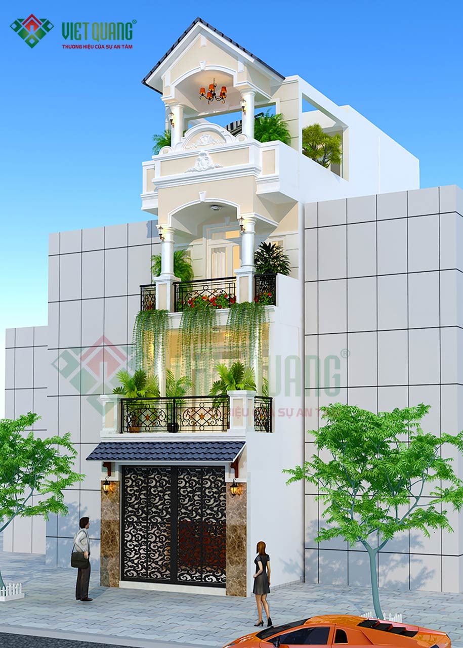 Phối cảnh 3D mặt tiền mẫu thiết kế nhà phố 4 tầng diện tích 4x16m tại phường Tân Thới Hiệp quận 12 của gia đình anh Sơn