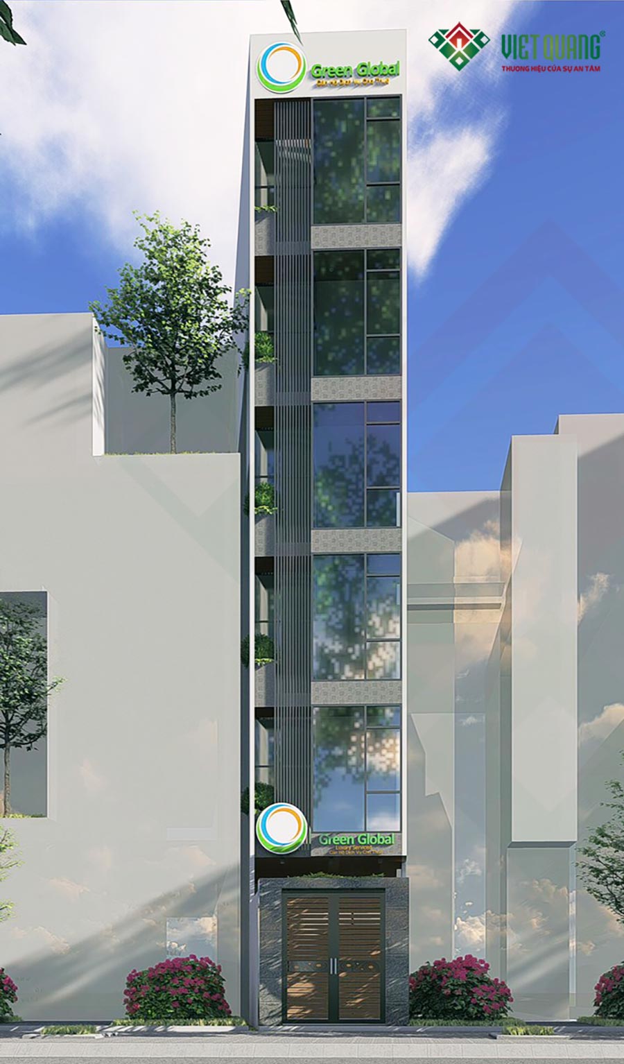 Phối cảnh thiết kế mặt tiền công trình nhà phố 6 tầng có căn hộ cho thuê cao cấp