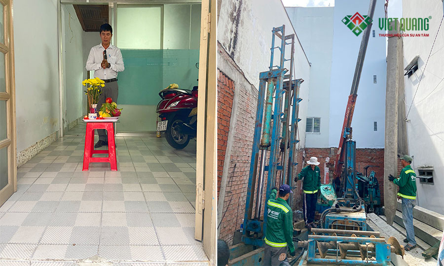 Giám đối khối cúng động thổ công trình (bên trái), công nhân Việt Quang đang thi công ép cọc bê tông cốt thép phần móng (bên phải)