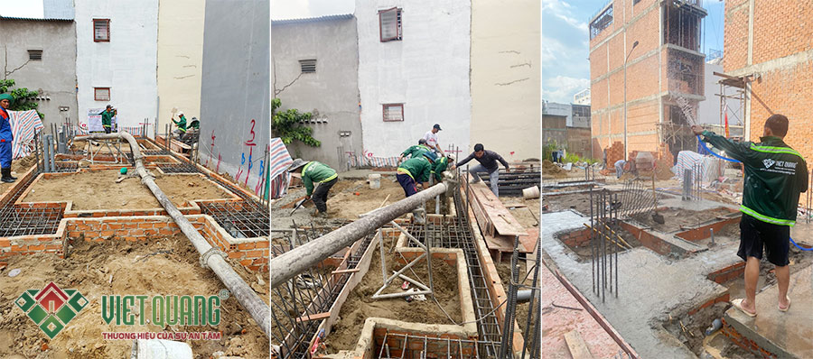 Công nhân Việt Quang thi công phần móng cọc, chuẩn bị đổ bê tông phần móng cho công trình nhà phố 3 tầng quận Bình Tân