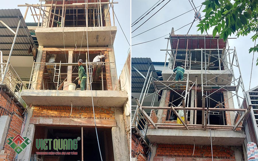 Mặt tiền công trình nhà phố 3 tầng 4x14.5m tại quận Bình Tân đang trong quá trình xây dựng phần thô