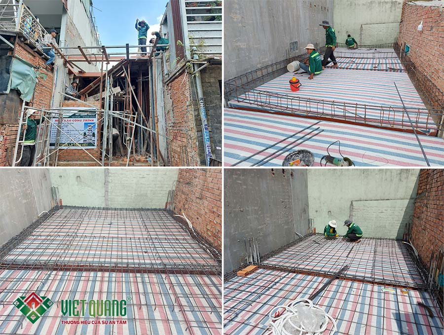 Công nhân Việt Quang thi công dải thép sàn và bô thép đà + sàn công trình nhà chị Hiền quận Bình Tân