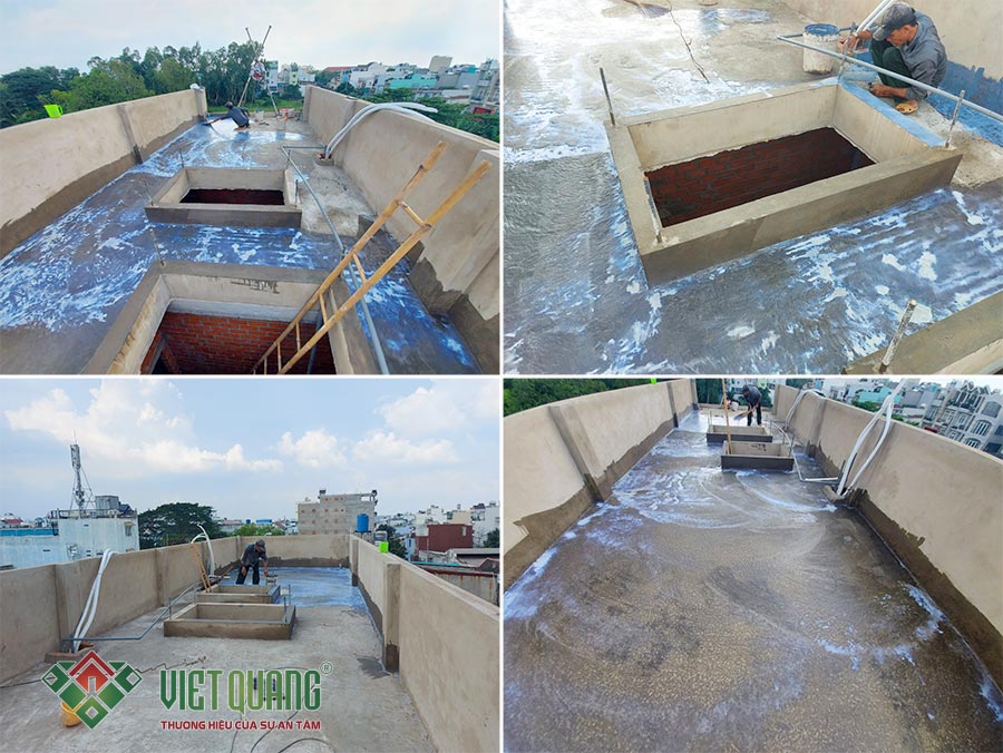 Hình ảnh thi công chống thấm sàn mái nhà lớp 1 bằng hóa chất Kova CT 11A