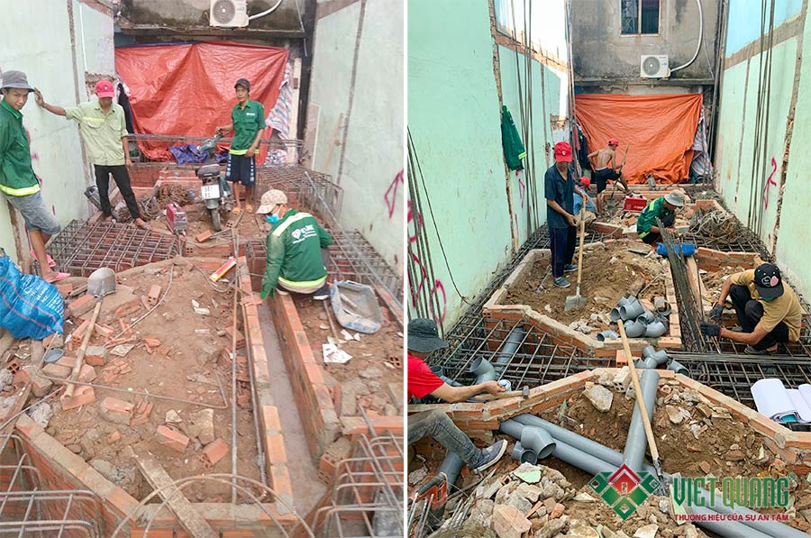 Công nhân Việt Quang đang thi công bô thép móng công trình nhà phố 4 tầng 3.5x12m tại Tân Bình
