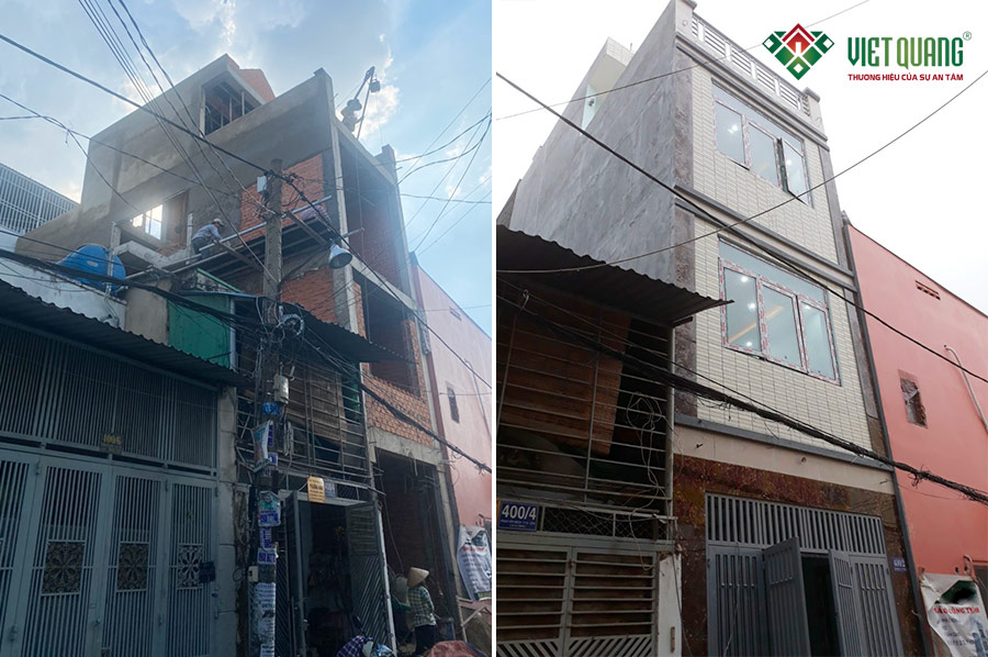 Mặt tiền công trình nhà phố 4 tầng 4x12m tại Tân Bình đang trong quá trình thi công xây dựng phần thô