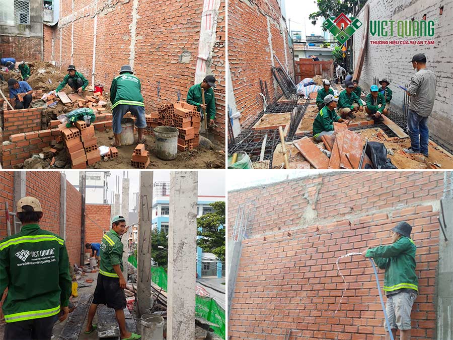 Công nhân Việt Quang đang thi công phần thô công trình nhà phố 3 tầng của anh Tuấn tại quận Bình Tân