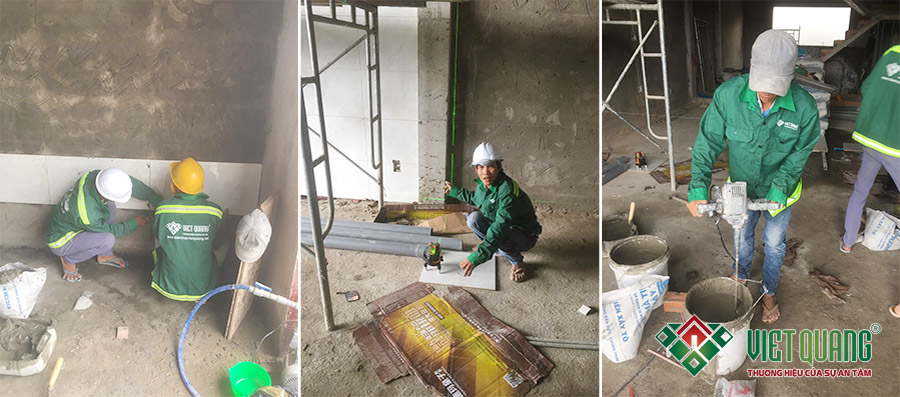 Công nhân Việt Quang đang thi công các công việc hoàn thiện nội thất bên trong nhà