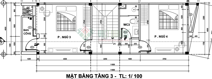 Bản vẽ thiết kế công năng sử dụng tầng 3 gồm có 2 phòng ngủ + 01 nhà vệ sinh chung + 01 ban công + 01 giếng trời