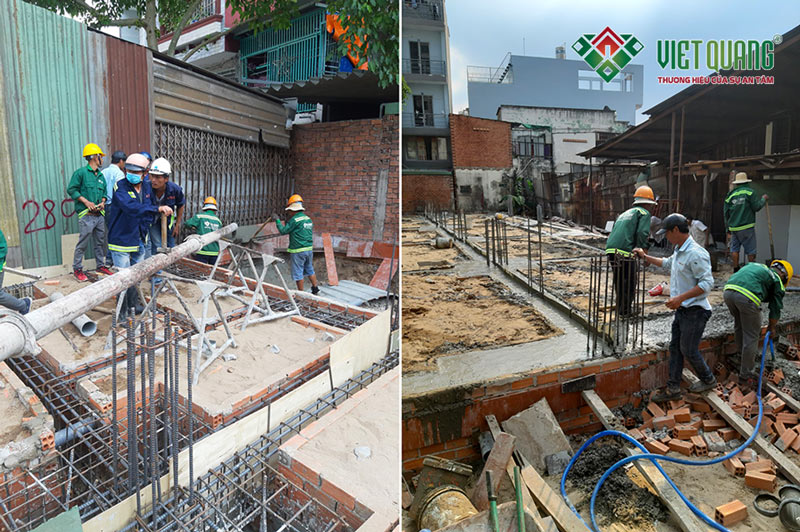 Công nhân Việt Quang đang đổ bê tông móng công trình nhà phố 3 tầng 4x22m