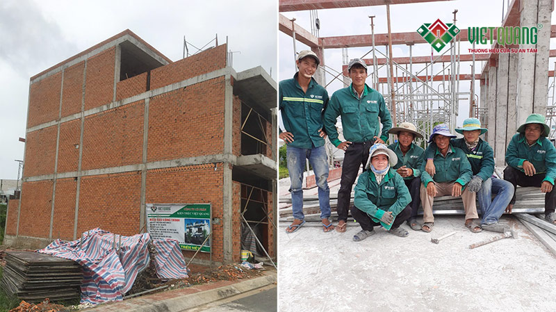 Đội ngũ công nhân Việt Quang thi công xây dựng công trình hai nhà phố 3 tâng liền kề nhau tại Bình Chánh, HCM