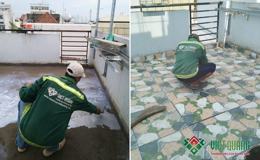 Công nhân Việt Quang chống thấm sân thượng và thi công lát gạch nền sân thượng công trình sửa nhà anh Nam quận Tân Phú