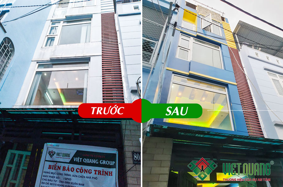 Mặt tiền công trình nhà phố 4 tầng của anh Nam tại Tân Phú trước và sau khi thi công sửa chữa nhà.