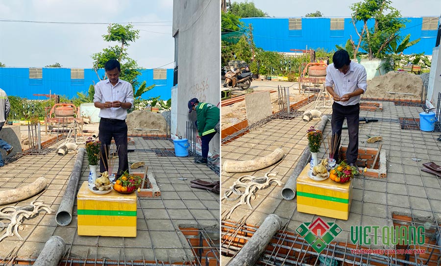 Giám đốc chi nhánh quận 9 - Ông Nguyễn Thanh Quang đang làm lễ cúng trước khi đổ mẻ bê tông đầu tiên của công trình