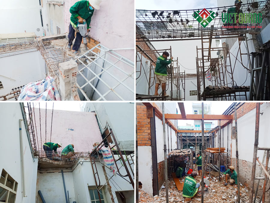 Công nhân Việt Quang Group đang thi công đập bỏ, tháo dỡ những hạng mục cũ của ngôi nhà cấp 4 cũ
