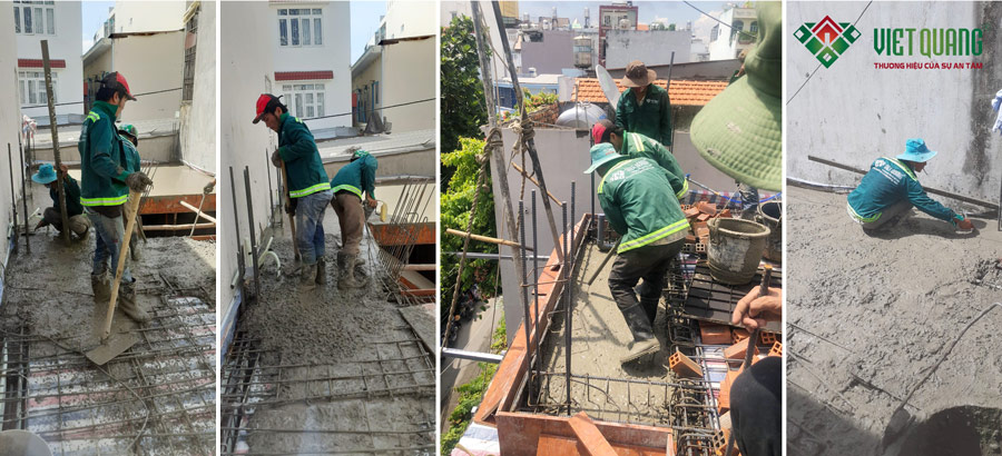 Công nhân Việt Quang đang đổ bê tông sàn công trình nhà phố tại quận Tân Phú