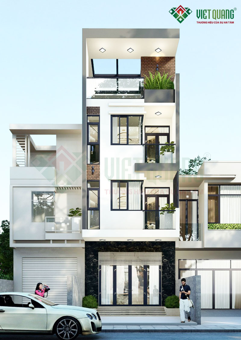 Phối cảnh 3D mặt tiền nhà phố 4 tầng đẹp, hiện đại diện tích 5x20m tại huyện Hóc Môn của gia đình anh Việt do công ty Việt Quang thiết kế