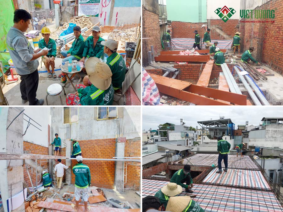 Đội ngũ công nhân của Việt Quang Group đang thi công xây dựng nhà phần thô tại nhà anh Vui quận Tân Bình