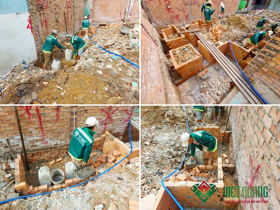 Công nhân Việt Quang Group đang thi công xây dựng phần móng công trình nhà phố 1 trệt 4 lầu diện tích 5.5x14.5m tại Tân Bình