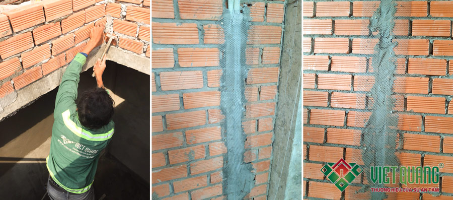 Thi công đóng lưới chống nứt tường tại tất cả vị trí tiếp giáp giữa 02 loại vật liệu khác nhau như bê tông và gạch