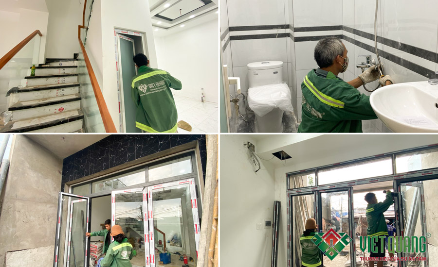 Công nhân Việt Quang đang thi công lắp đặt hệ thống cửa đi, cửa sổ, lắp đặt thiết bị hoàn thiện nhà ở cho công trình nhà phố 4 tầng của anh Bình tại quận 7
