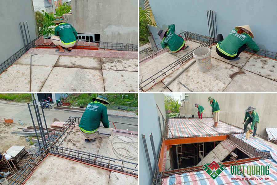 Công nhân Việt Quang đang thi công lắp đặt coffa và lắp đặt thép dầm - sàn công trình nhà anh Quang tại Thủ Đức
