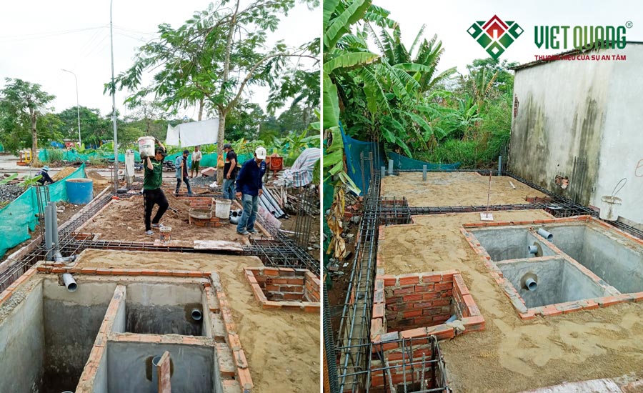 Công nhân Việt Quang Group đang thi công đổ bê tông móng đài cọc, giằng móng và bê tông đáy nền sàn trệt