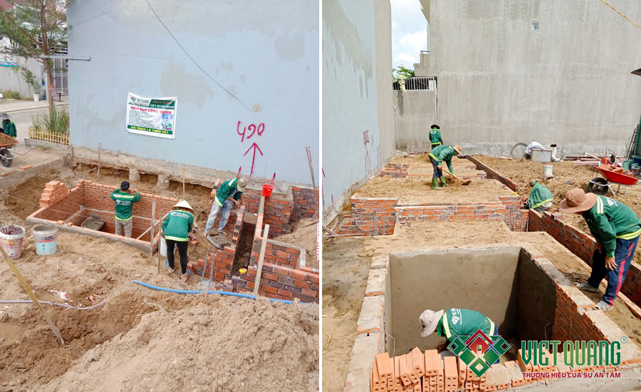 Công nhân Việt Quang thi công phần móng công trình nhà phố 4 tầng 4x17m tại TP Thủ Đức