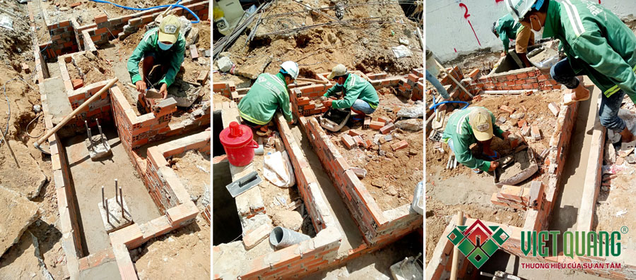 Công nhân Việt Quang Group thi công xây tường bao đài móng bằng gạch Tuynel