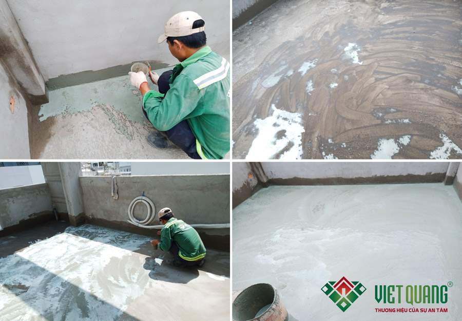 Hình ảnh công nhân Việt Quang Group thi công chống thấm sân thượng, mái nhà bằng hóa chất Kova CT 11a.