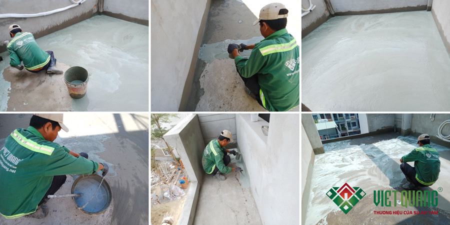 Hình ảnh công nhân Việt Quang Group thi công chống thấm sân thượng, mái nhà bằng hóa chất Kova CT 11a.