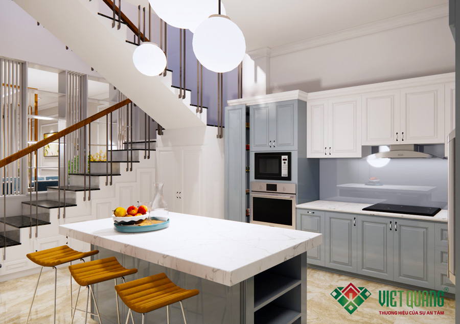 Thiết kế nội thất 3D khu vực bếp và bàn ăn nhà biệt thự phố 4 tầng diện tích 8x24m