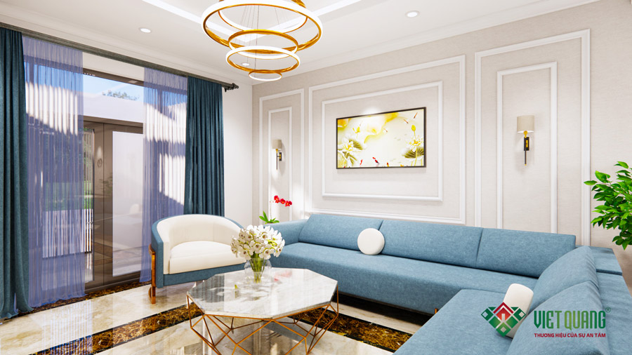 Một góc phối cảnh 3D nội thất phòng khách nhà biệt thự phố 4 tầng diện tích 8x24m