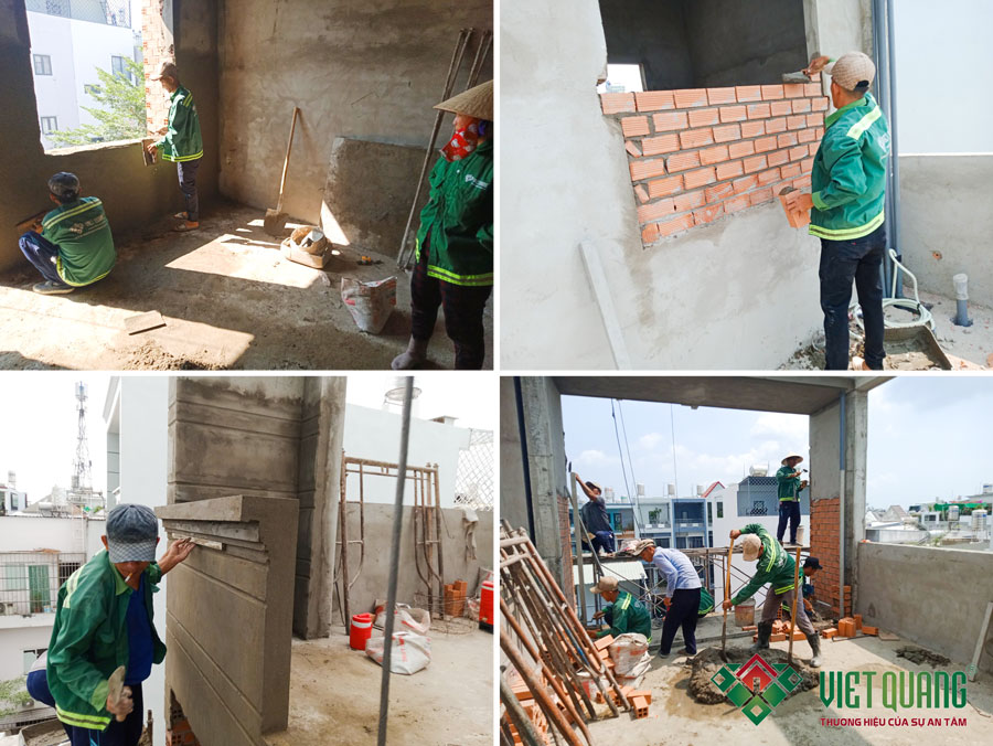 Công nhân Việt Quang thi công xây tường, tô trát tường trong nhà và ngoại thất công trình nhà anh Hưng tại Nhà Bè