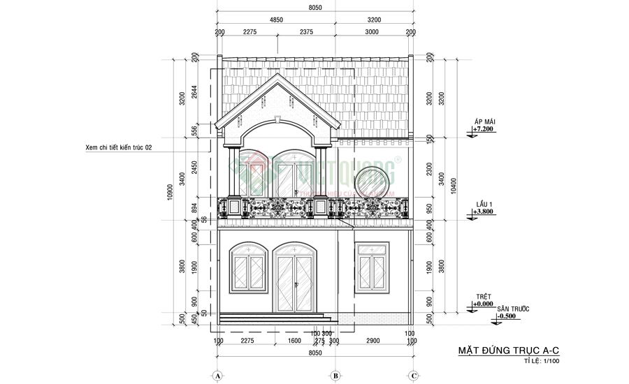 Bản vẽ 2D mặt tiền nhà biệt thự 1 trệt 1 lầu mái thái tại Hóc Môn của anh Phước