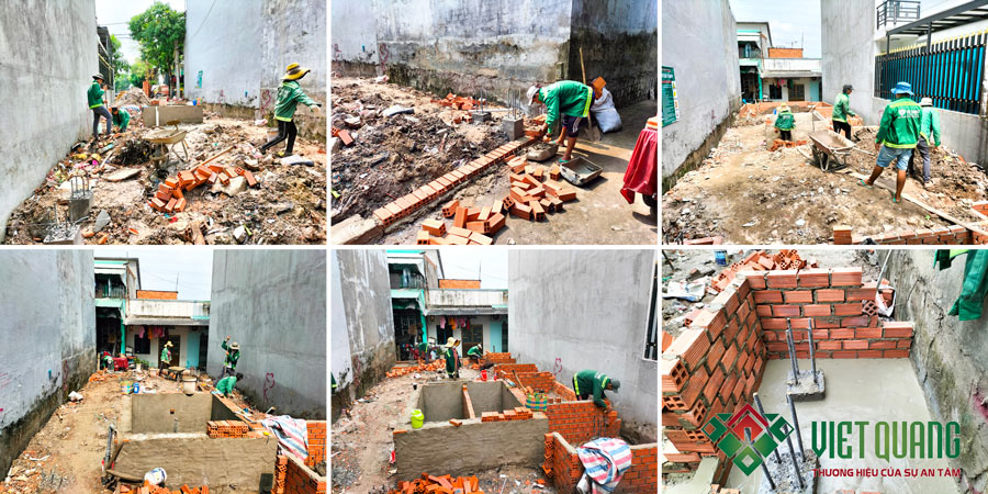 Đội ngũ công nhân Việt Quang Group thi công xây dựng tường bao quanh đài móng và giằng móng thay cho hệ coppa