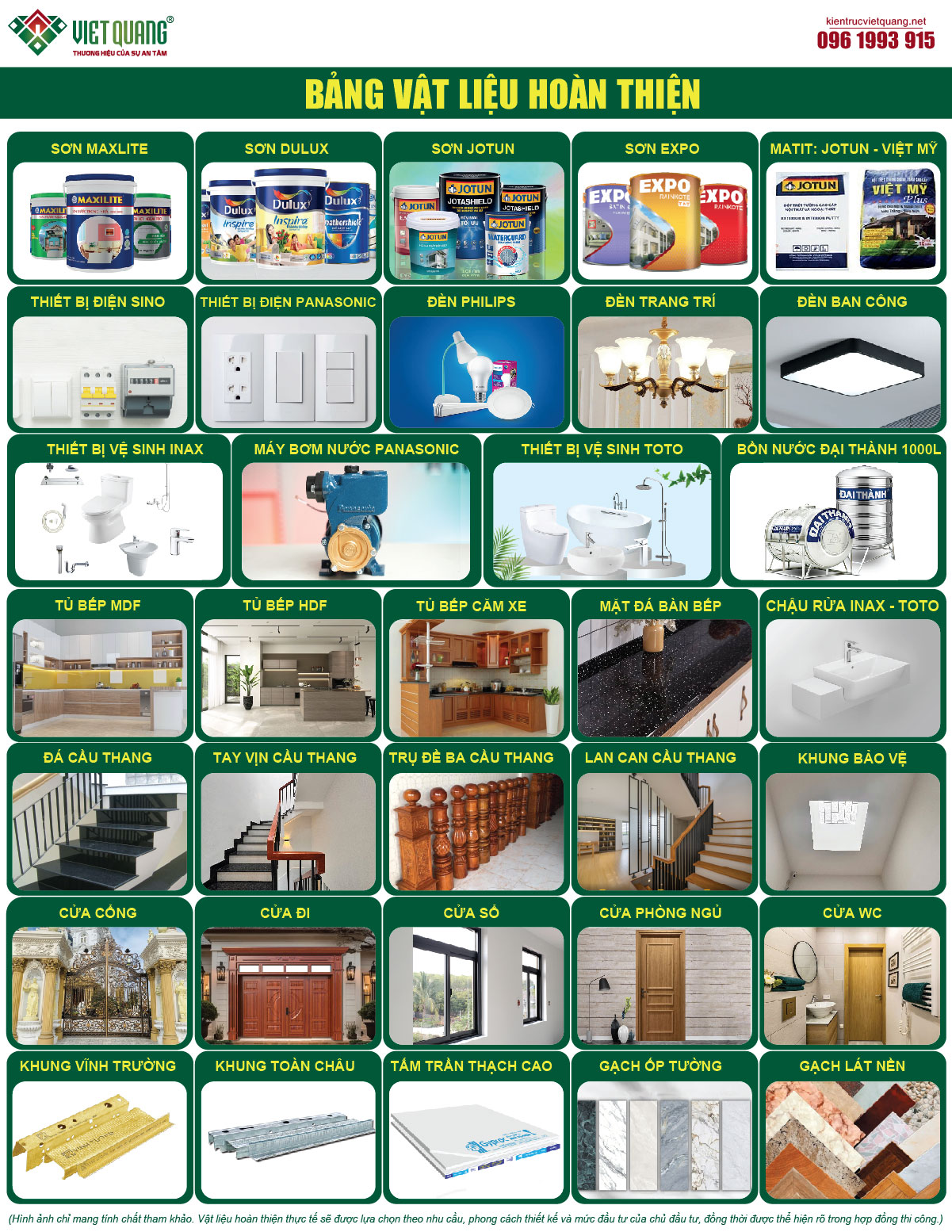 Bảng vật liệu hoàn thiện nhà ở