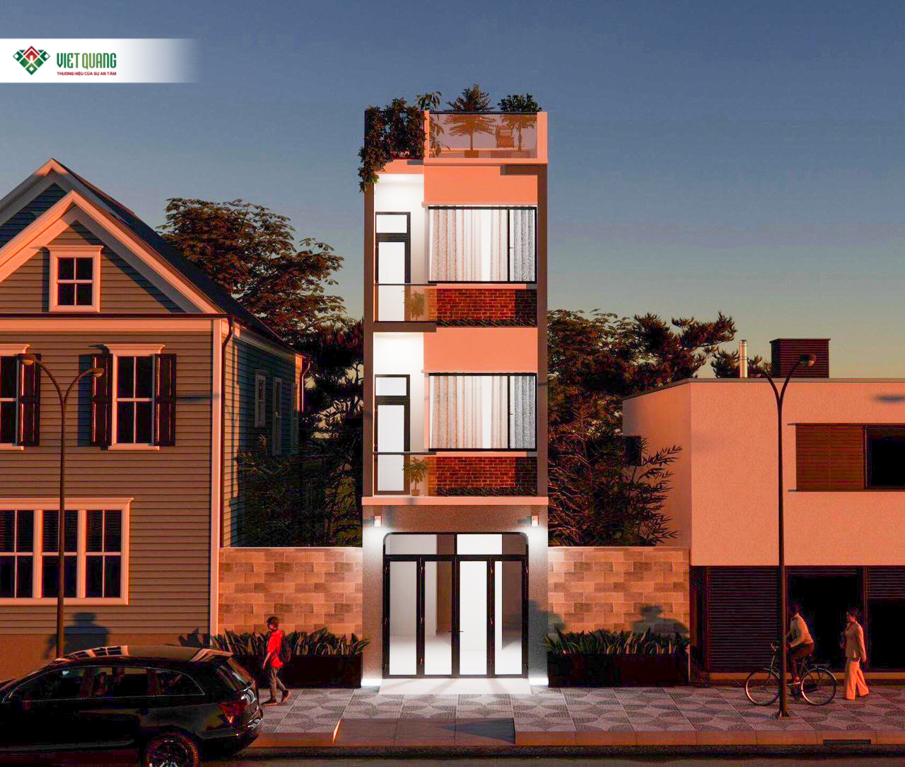 Hình ảnh 3D ngôi nhà phố 1 trệt 2 lầu sân thượng mái chị Cát Quận Phú Nhuận