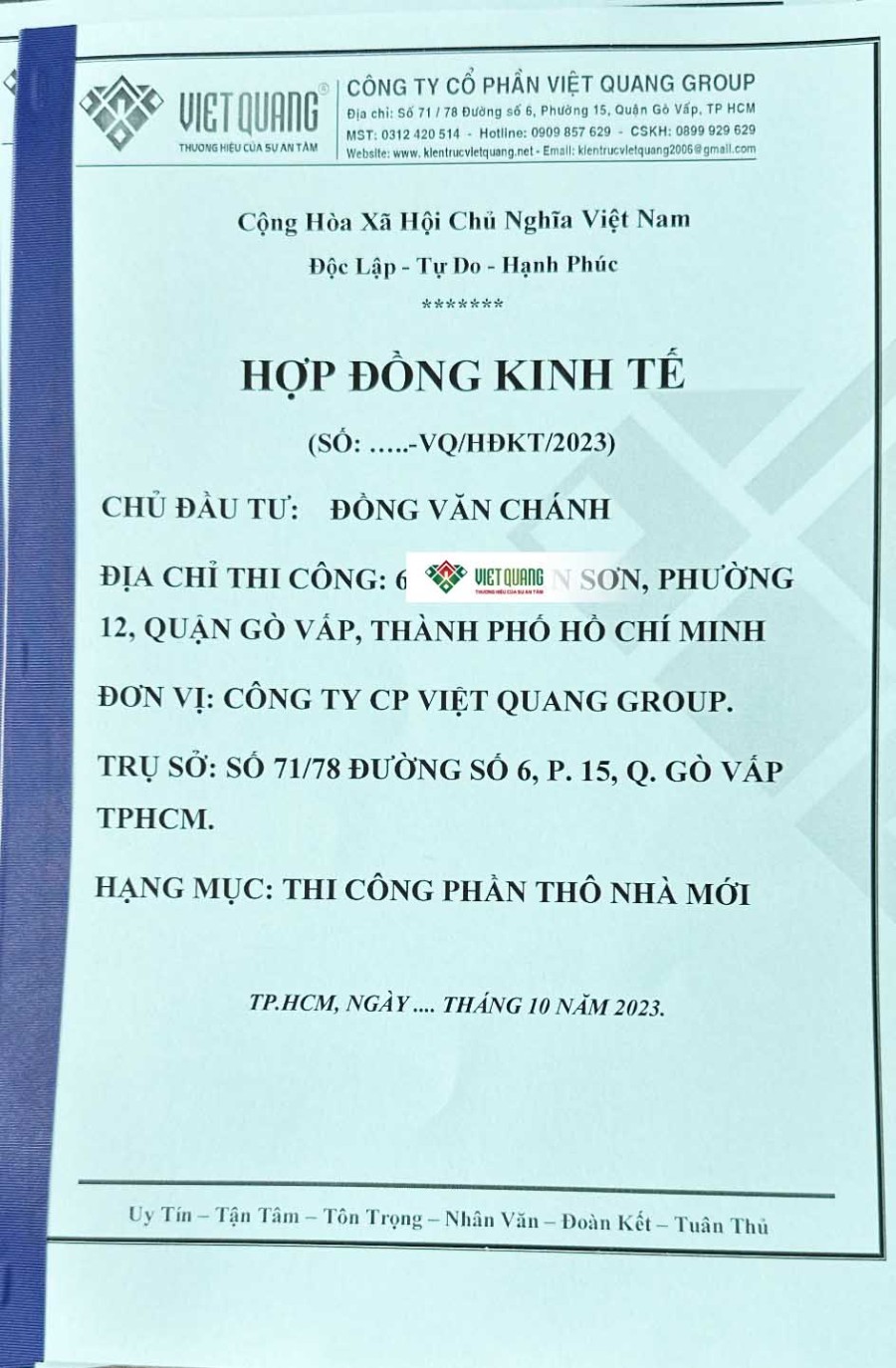 Hình ảnh bìa hồ sơ ký hợp đồng kinh tế giữa Anh Chánh ở Quận Gò Vấp với Xây Dựng Việt Quang