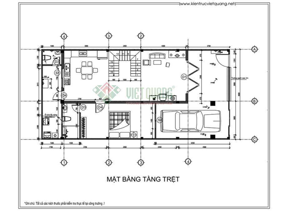 Bản vẽ thiết kế tầng trệt của nhà phố 1 trệt 1 lầu