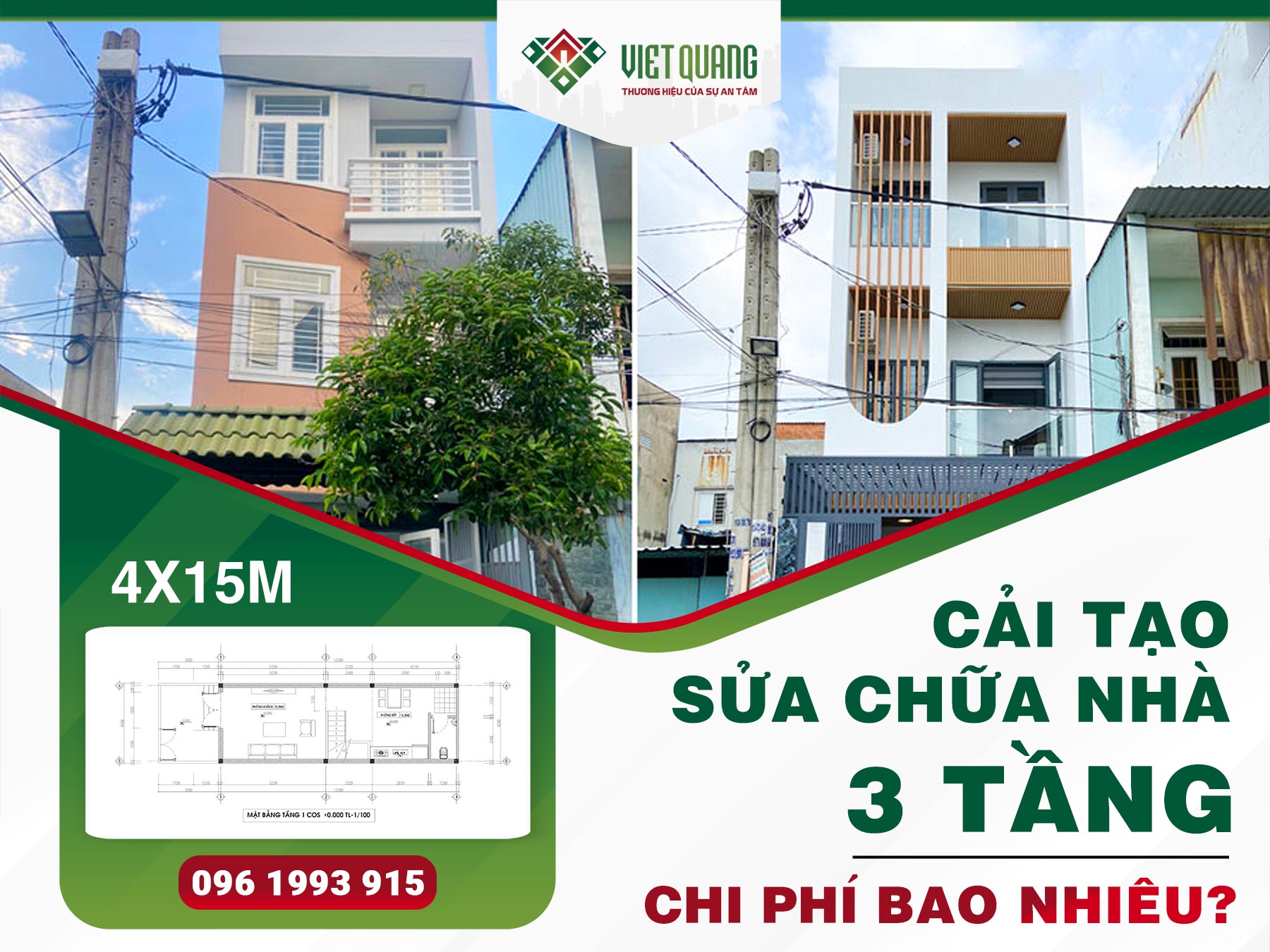 Chi phí cải tạo sửa chữa nhà 3 tầng diện tích 4mx15m