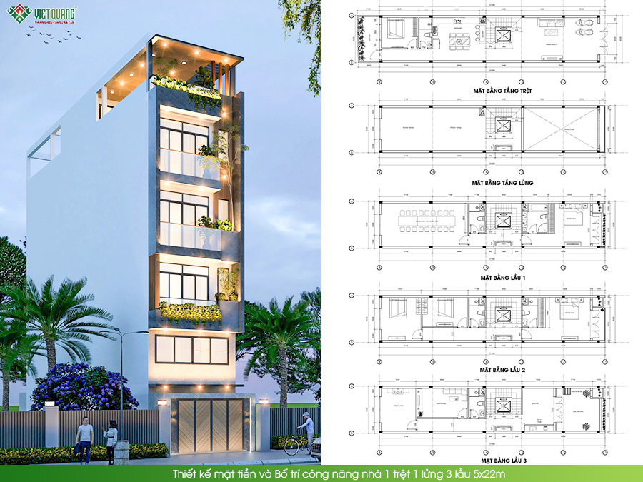 Thiết kế mặt tiền và Bố trí công năng nhà 1 trệt 1 lửng 3 lầu 5x22m
