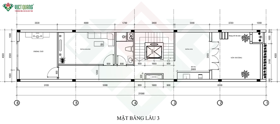Mặt bằng bố trí công năng nhà 1 trệt 1 lửng 3 lầu tum sân thượng 5x22m