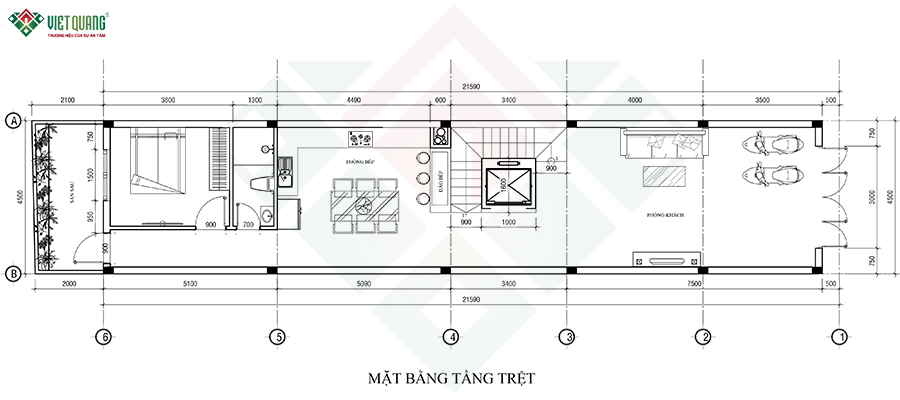 Mặt bằng bố trí công năng nhà 1 trệt 1 lửng 3 lầu tum sân thượng 5x22m