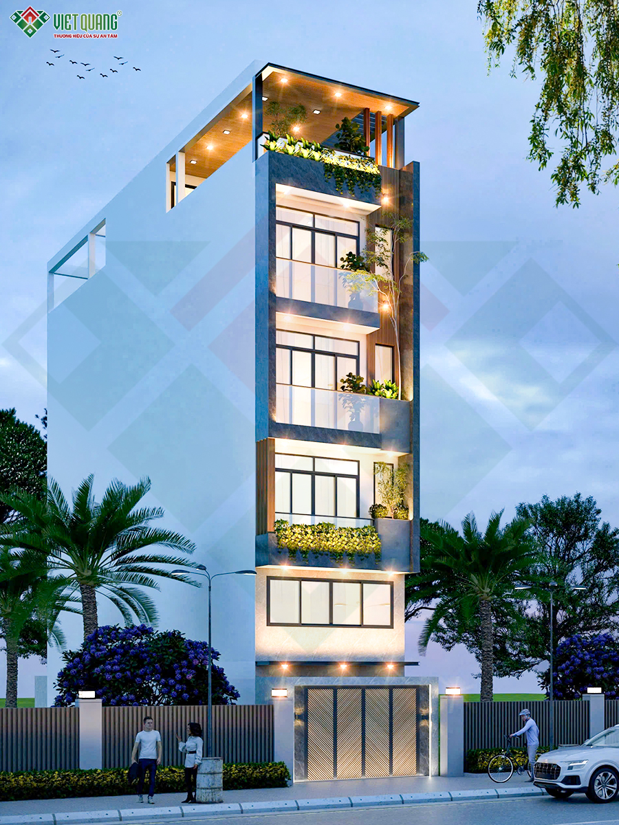 Mẫu thiết kế nhà 1 trệt 1 lửng 3 lầu tum sân thượng 5x22m