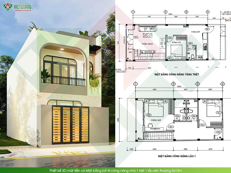 Thiết kế mặt tiền và mặt bằng bố trí công năng nhà 1 trệt 1 lầu sân thượng 5x13m