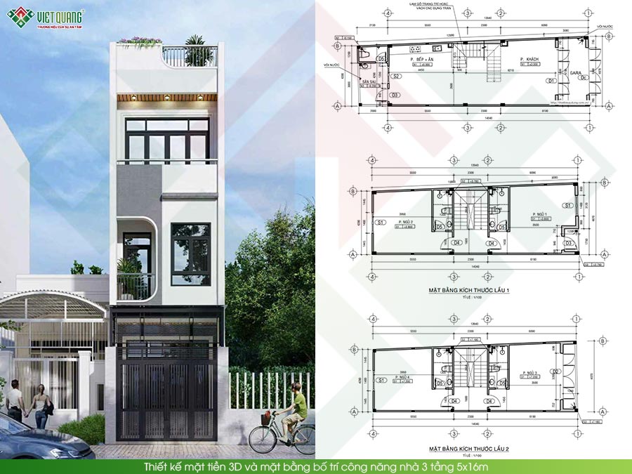 Thiết kế mặt tiền 3D và mặt bằng công năng nhà 3 tầng 5x16m