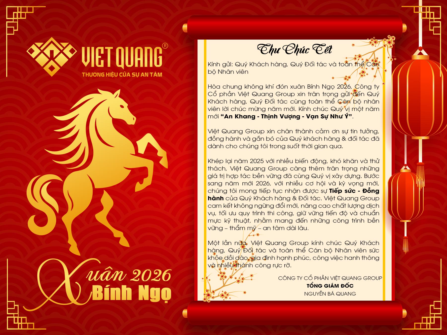 Thư Chúc Tết Nguyên Đán – Xuân Bính Ngọ An Khang, Tết Trọn Vẹn Cùng Việt Quang Group